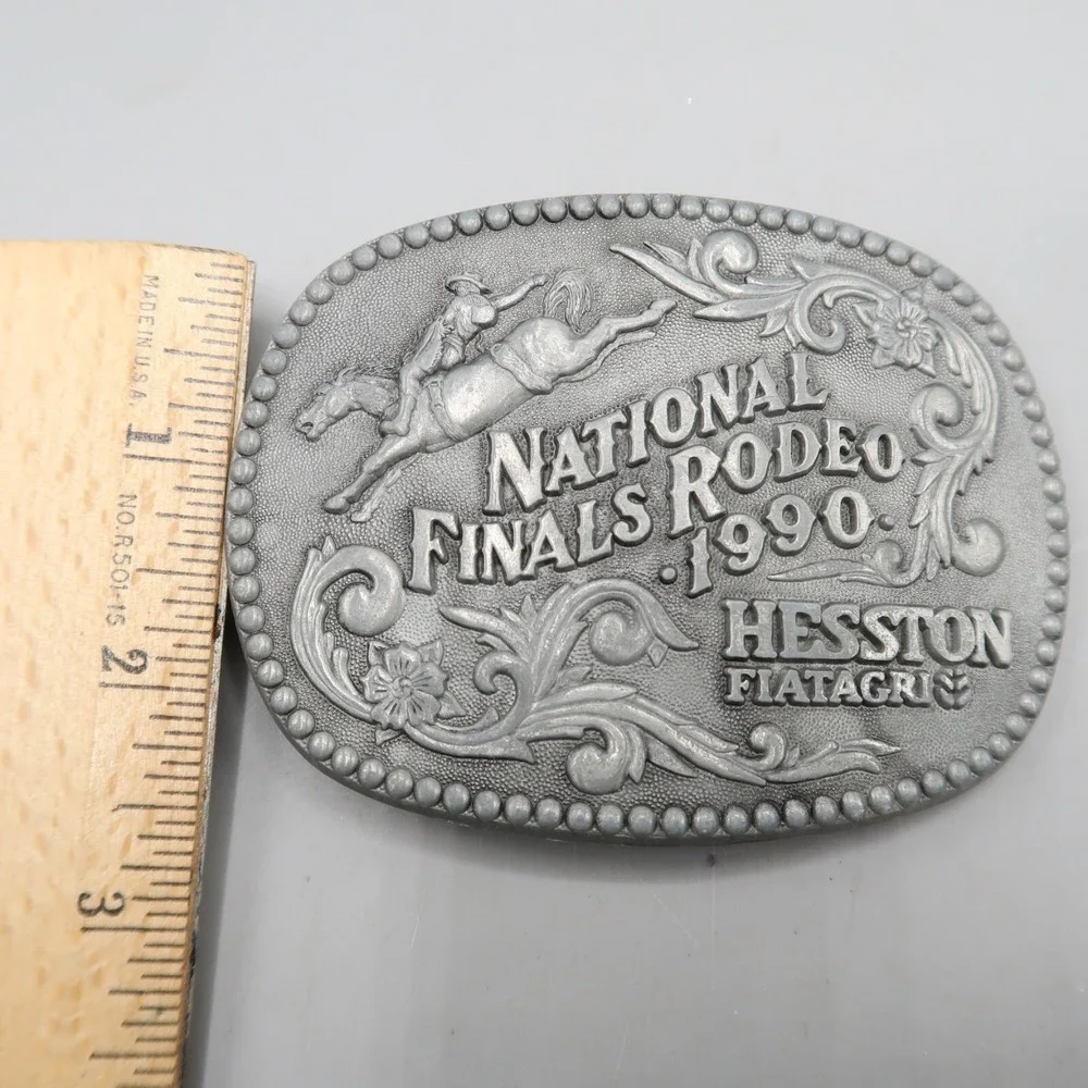 1990 Hesston National Finals Rodeo Oval Belt Buckle Cowboy Horse Metal Vintage